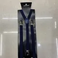 Detail view of navy blue Y-back elastic suspenders with three silver metal clips for boys - 6 Navy
