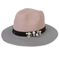 Two-tone woven straw sun hat for women with pink crown and gray brim with pearls - M(56-58cm) / Pink And Gray (355-E)
