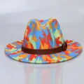 Colorful tie-dye wool fedora with camouflage ink pattern and brown leather belt buckle - 56-58cm / Orange Red Colorful Camo Belt Style / Orange + Red Colorful Camo