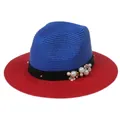 Classic straw fedora hat with blue and red patchwork design and pearl ribbon band - M(56-58cm) / Blue And Red (355-F)