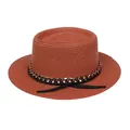 Chapeau de paille terre cuite avec chaîne dorée, ruban noir et nœud pour protection solaire - M (56-58cm) / Couleur caramel