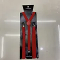 Detail of red Y-back suspenders with elastic straps and three durable metal clips - Red