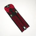 Elastic burgundy suspenders and bow tie set with adjustable silver metal clips - Adult Single Layer Bow Tie (02K) / Burgundy