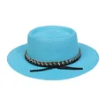 Chapeau de paille bleu ciel avec chaîne dorée et petit nœud en ruban noir élégant - M (56-58cm) / Bleu lac