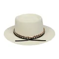 Chapeau canotier crème élégant avec ruban cuir noir et chaîne dorée chic - M (56-58cm) / Crème