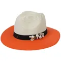 Straw fedora hat in cream and orange with pearl floral ribbon for summer vacations - M (56-58cm) / Rice & Orange