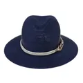 Classic navy blue wide brim straw fedora hat with white twisted rope and gold chain link - 56-58cm / With Twisted Rope and Metal Chain Buckle / Navy Blue
