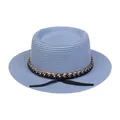 Chapeau de paille bleu clair à sommet plat avec une chaîne dorée décorative et ruban noir - M (56-58cm) / Bleu ciel