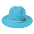 Sky blue Panama straw sun hat with white decorative cord and gold chain accent - 56-58cm / With Twisted Rope and Metal Chain Buckle / Lake Blue