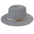 Blue and white woven Panama straw sun hat with stylish golden chain decoration - Medium / Beige+Navy Blue