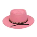 Chapeau de paille rose à bord large avec ruban noir et chaîne dorée élégante - M (56-58cm) / Rose Poudré