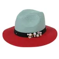 Panama straw sun hat for women featuring mint green crown with red brim and pearl trim - M(56-58cm) / Mint Green And Red (355-C)