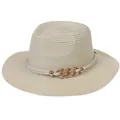 Classic wide brim straw Panama hat with elegant metal chain buckle and beige rope trim - Medium / Beige + Creamy White