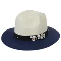Straw Panama sun hat in beige and navy with decorative pearl and floral ribbon - M(56-58cm) / Beige And Navy Blue (355-G)