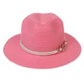 Classic bright pink wide-brim Panama straw hat with stylish white rope and gold chain - 56-58cm / With Twisted Rope and Metal Chain Buckle / Pink