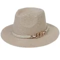 Straw Panama sun hat in beige with decorative gold chain and woven rope band detail - Medium / Beige + Khaki