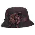 Eleganter dunkelbrauner Wollfilz Glockenhut für Damen mit Satinrose und Spitzenschleier - M (56-58cm) / Kaffeebraun