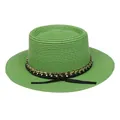 Chapeau de paille vert à bord plat avec chaîne dorée et ruban noir élégant - M (56-58cm) / Vert Fruit