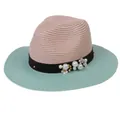Wide brim panama straw hat in pink and mint green with pearl and flower accents - M(56-58cm) / Pink And Mint Green (355-H)