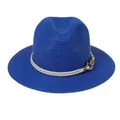 Royal blue Panama straw fedora hat with white rope trim and golden anchor charm - 56-58cm / With Twisted Rope and Metal Chain Buckle / Sapphire Blue