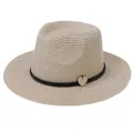 Klassischer Strohhut in Beige mit schwarzem Lederband und Herzanhänger für Damen - M(56-58cm) / Beige + Khaki