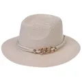 Elegant wide-brim light pink straw panama hat with cream rope and gold chain detail - Medium / Pink + Beige