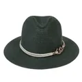 Panama straw sun hat in deep green with woven rope and rose gold metal buckle - 56-58cm / With Twisted Rope and Metal Chain Buckle / Dark Green