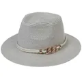 Light grey woven Panama straw hat with a rhinestone rose gold chain and white rope band - Medium / Beige + Gray