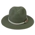 Foldable dark green straw Panama hat with woven texture and decorative rope band - 56-58cm / With Twisted Rope and Metal Chain Buckle / Army Green
