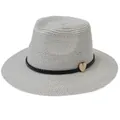 Light gray woven straw fedora hat with black decorative band and wooden heart detail - M(56-58cm) / Beige + Gray