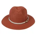 Foldable brick red straw Panama hat with woven rope trim and gold metal chain buckle - 56-58cm / With Twisted Rope and Metal Chain Buckle / Caramel color