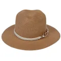 Brown woven Panama straw hat with stylish white rope band and gold metal buckle detail - 56-58cm / With Twisted Rope and Metal Chain Buckle / Khaki