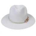 White woven Panama fedora hat with twisted rope band and rose gold metal chain accent - 56-58cm / With Twisted Rope and Metal Chain Buckle / White