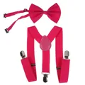 Elastic hot pink bow tie and Y-back suspender set with silver metal clips - 60cm Length / Kids Single Layer Bow Tie / Rose Red