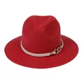 Bright red straw panama sun hat with off-white braided rope and gold metal chain link - 56-58cm / With Twisted Rope and Metal Chain Buckle / Red