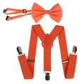 Bright orange elastic Y-back suspenders and matching bow tie set with silver metal clips - 60CM / Kids Single Layer Bow Tie / Orange