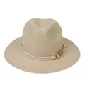 Straw Panama fedora hat in natural beige with a stylish white rope and metal chain detail - 56-58cm / With Twisted Rope and Metal Chain Buckle / Beige