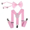 Adjustable pink bow tie and Y-back elastic suspenders set with silver clips - 60CM / Kids Single Layer Bow Tie / Pink