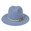Light blue Panama straw hat with white rope band and elegant gold chain buckle - 56-58cm / With Twisted Rope and Metal Chain Buckle / Sky Blue