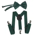Dark green adjustable Y-back suspenders and matching bowtie set with silver metal clips - 60CM / Kids Single Layer Bow Tie / Green