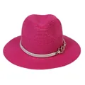 Fuchsia foldable straw Panama hat for women with off-white rope and gold metal chain - 56-58cm / With Twisted Rope and Metal Chain Buckle / Rose Red