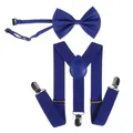 Royal blue elastic Y-back suspenders and matching bow tie set with silver metal clips - 60CM / Kids Single Layer Bow Tie / Blue