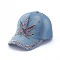 Detail of colorful rhinestones on light blue denim baseball cap with leaf pattern - Light Blue Colorful Leaf