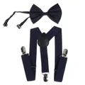 Navy blue elastic suspenders and matching bow tie set with silver metal clips - 60CM / Kids Single Layer Bow Tie / Navy Blue