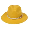 Bright yellow straw fedora sun hat featuring white braided rope and rose gold chain detail - 56-58cm / With Twisted Rope and Metal Chain Buckle / Yellow