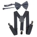 Adjustable dark grey Y-back elastic suspender and bowtie set with metal clips - 60CM / Kids Single Layer Bow Tie / Dark Gray