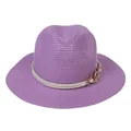 Lavender woven Panama straw fedora hat with white rope and rose gold metallic trim - 56-58cm / With Twisted Rope and Metal Chain Buckle / Purple