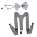 Light grey elastic Y-back suspenders and bow tie set with silver metal clips for men - 60CM / Kids Single Layer Bow Tie / Light Gray
