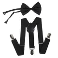 Classic black adjustable bowtie and Y-back elastic suspender set with silver metal clips - 60CM / Kids Single Layer Bow Tie / Black