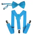 Teal adjustable elastic Y-back suspenders and matching bowtie set with metal clips - 60CM / Kids Single Layer Bow Tie / Light Blue